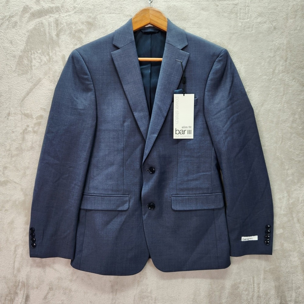 Bar III Blazer Mens 42L 42 Long‎ Blue Slim Fit Power Stretch Suit Jacket Sport